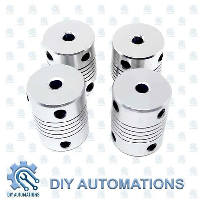 DIY Automations silver D19-25-4-4 flexible coupling, aluminum, with screw holes and grooved body.