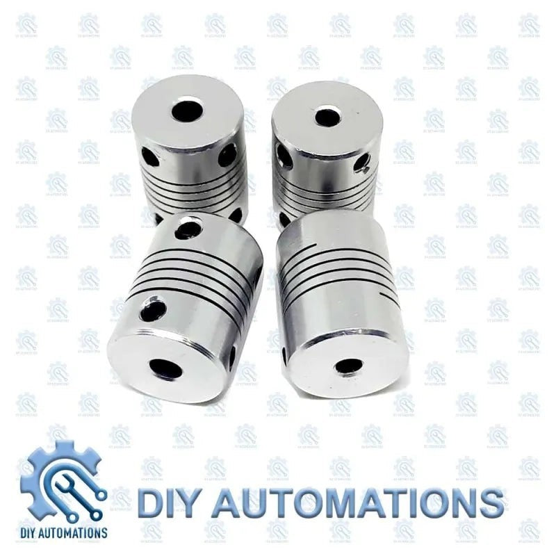 DIY Automations silver aluminum flexible coupling D19-25-4-5 with ribbed body and screw holes.