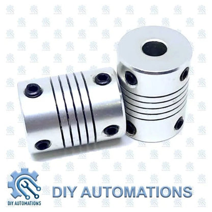 DIY Automations silver aluminum flexible coupling with grooves and black screws, D19-25-4-6 model.