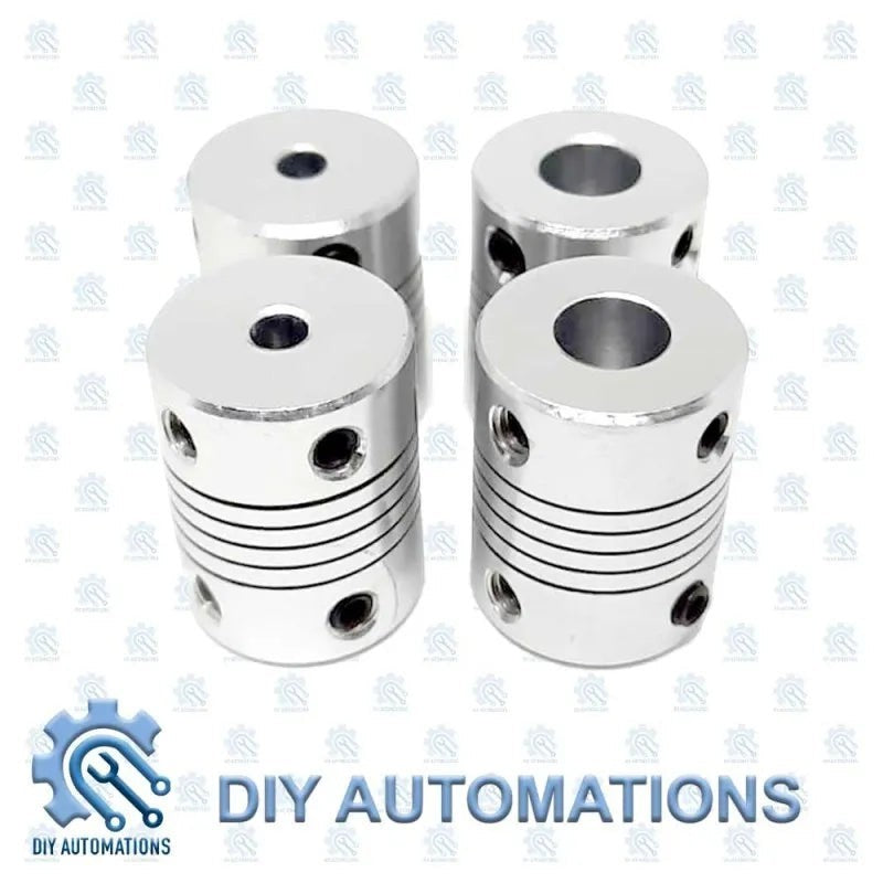 DIY Automations silver aluminum flexible coupling D19-25-4-8 with ribbed body and screw holes.