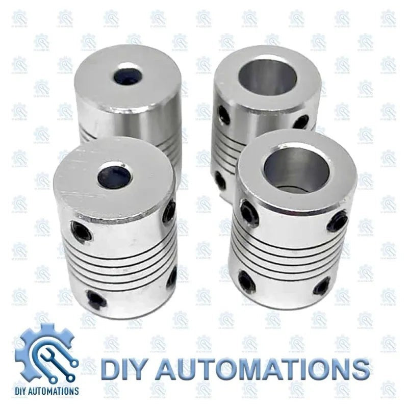 DIY Automations silver aluminum flexible coupling D19-25-5-10 with ribbed body and set screws.