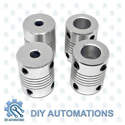 DIY Automations silver aluminum flexible coupling D19-25-5-10 with ribbed body and set screws.