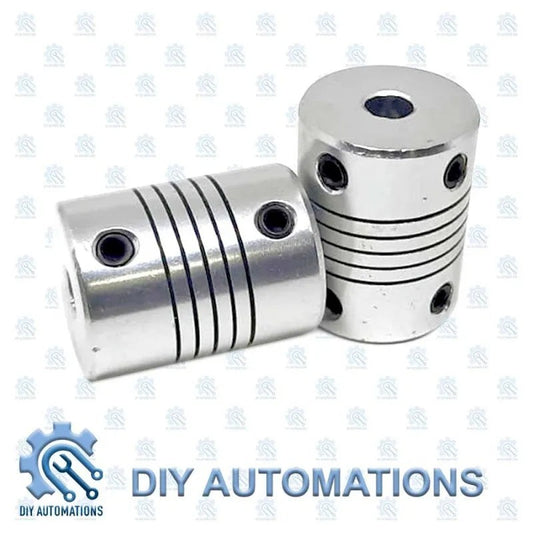 DIY Automations silver aluminum flexible coupling with grooved body and screw mounts, D19-25-5-5 model