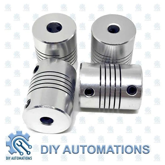 DIY Automations silver aluminum flexible coupling with ribbed design and set screws, D19-25-5-6.35 model.