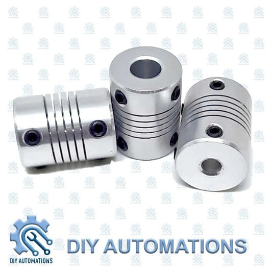 DIY Automations silver aluminum flexible coupling D19-25-5-8 with ribbed body and set screws for connecting motor shafts.