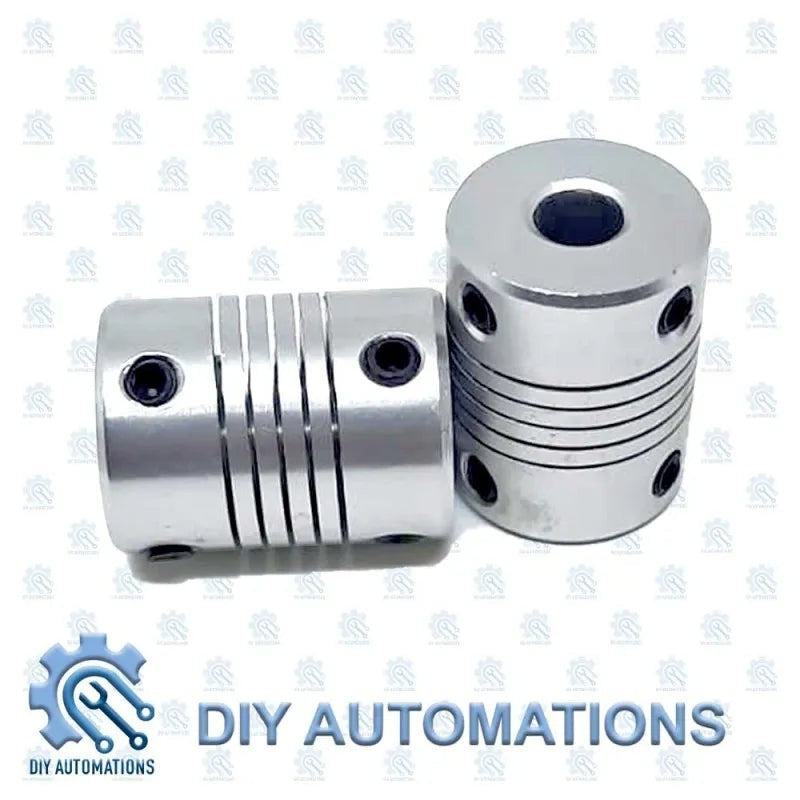 DIY Automations silver aluminum flexible coupling with grooves and set screws, D19-25-6.35-6.35 model.