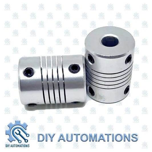 DIY Automations silver aluminum flexible coupling with grooves and set screws, D19-25-6.35-6.35 model.