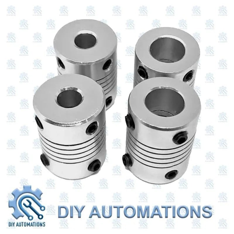 DIY Automations silver aluminum flexible coupling with ribbed body and set screws, D19-25-6.35-10
