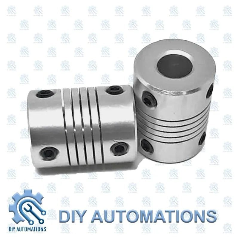 DIY Automations silver aluminum flexible coupling with slotted design and black screws, D19-25-8-8 model.