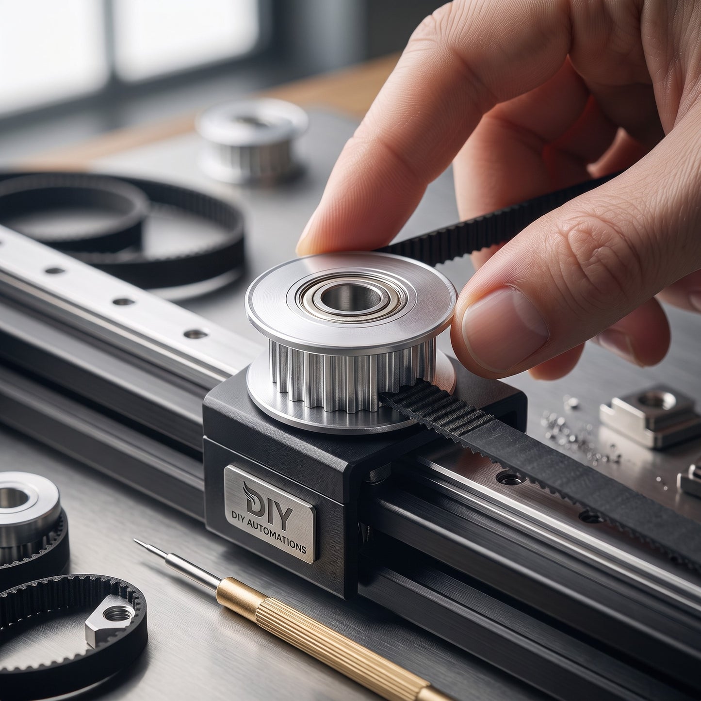 DIY AUTOMATIONS 20-tooth silver aluminum GT2 idler pulley for 6mm timing belt installed on a linear rail