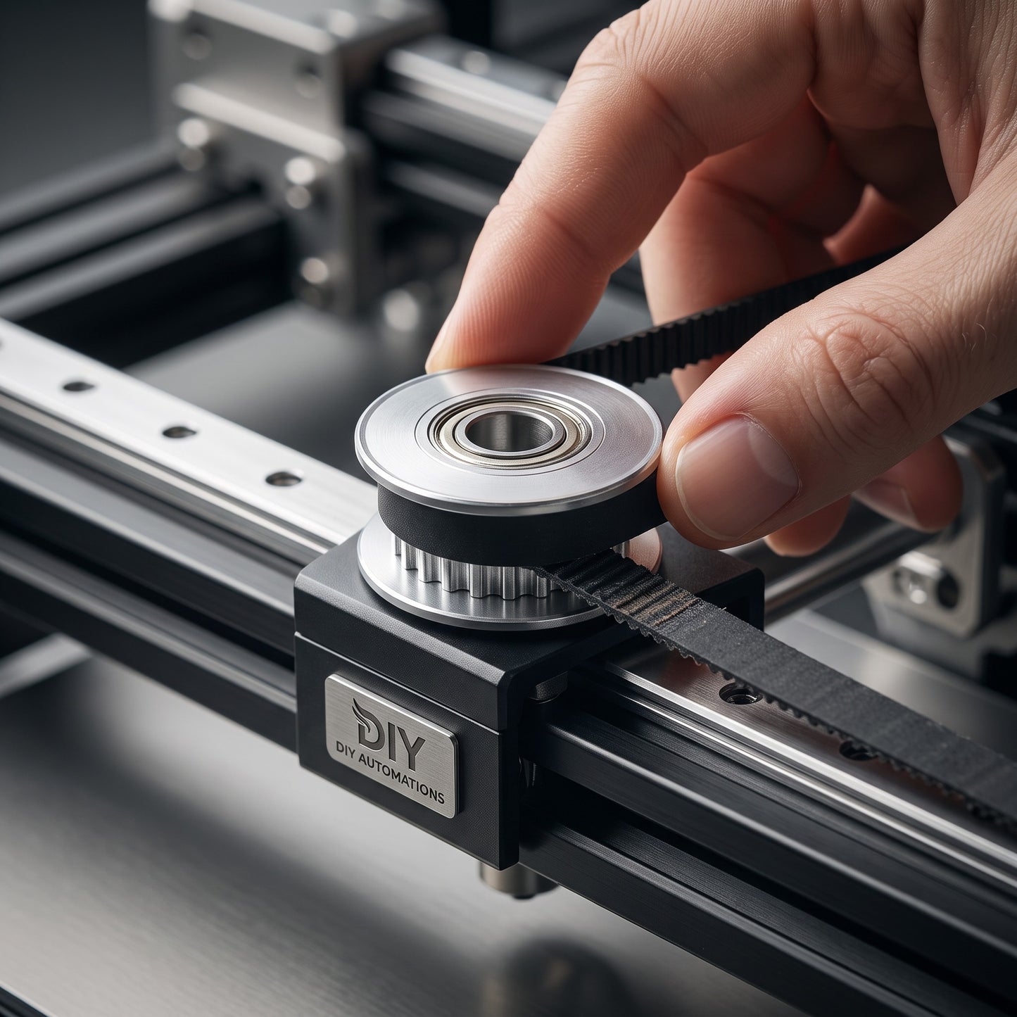 DIY AUTOMATIONS silver 20-tooth GT2 idler pulley with integrated bearing installed on a 3D printer rail