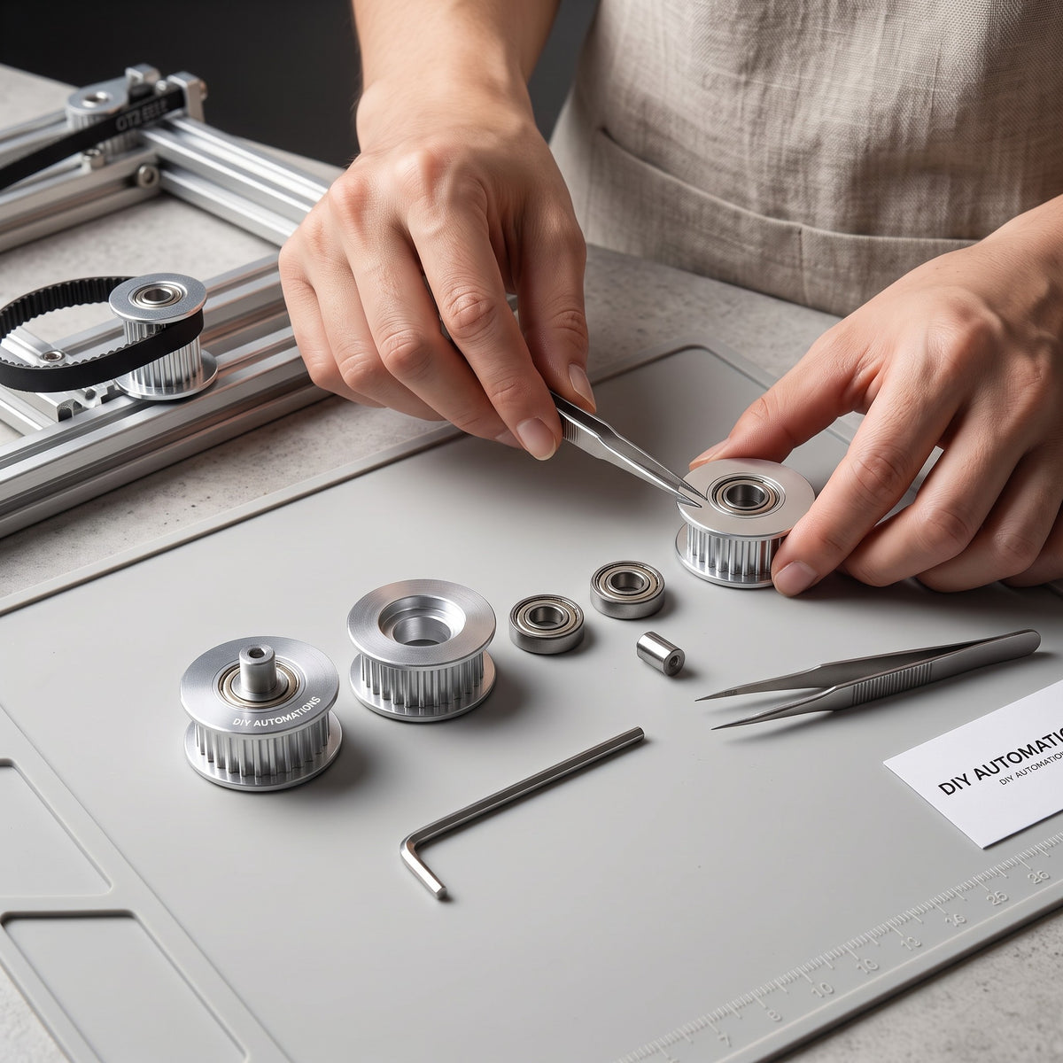 DIY AUTOMATIONS 20-tooth silver aluminum GT2 timing pulley with integrated bearing for 6mm belts on a workspace mat.
