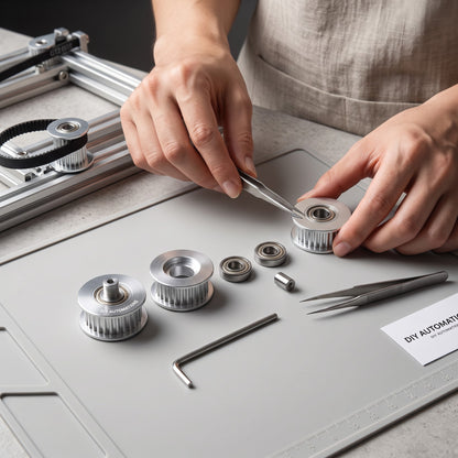 DIY AUTOMATIONS 20-tooth silver aluminum GT2 timing pulley with integrated bearing for 6mm belts on a workspace mat.