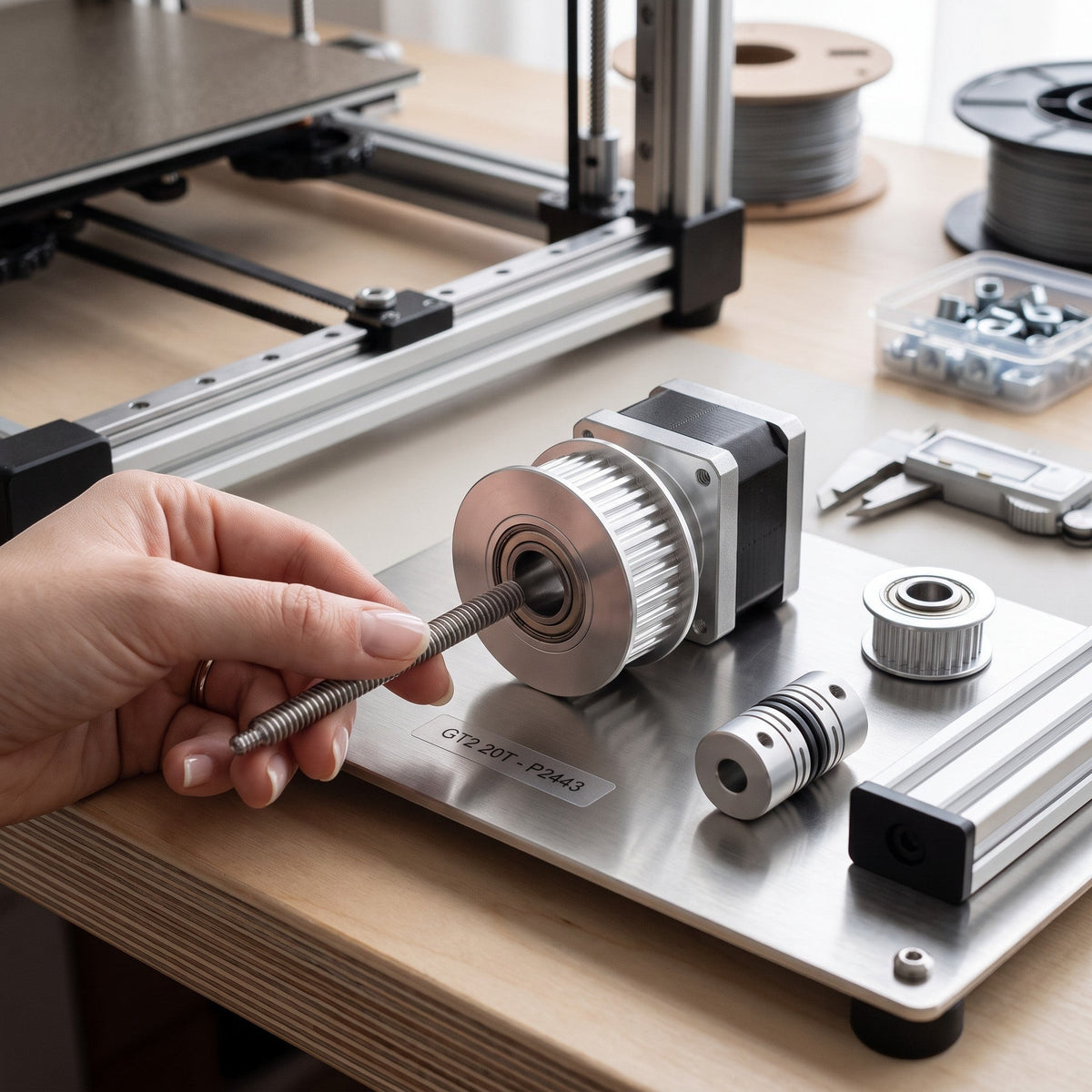 DIY AUTOMATIONS silver 20-tooth GT2 timing pulley for 6mm belt being installed on a 3D printer component