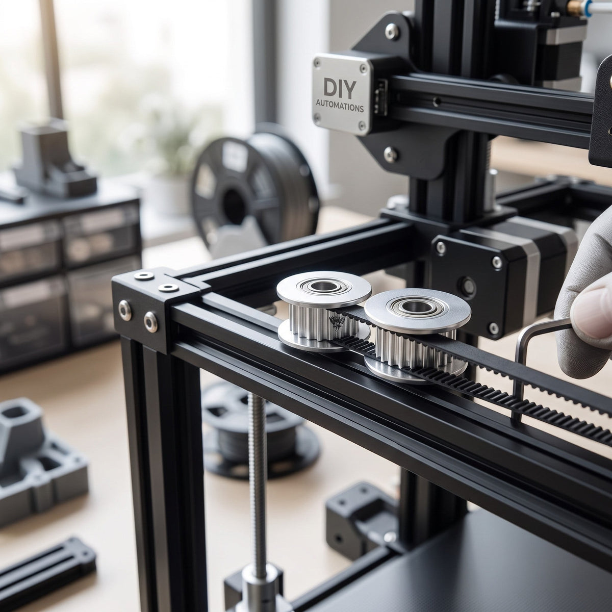 DIY AUTOMATIONS silver 20-tooth GT2 timing pulley with integrated bearing installed on a 3D printer frame