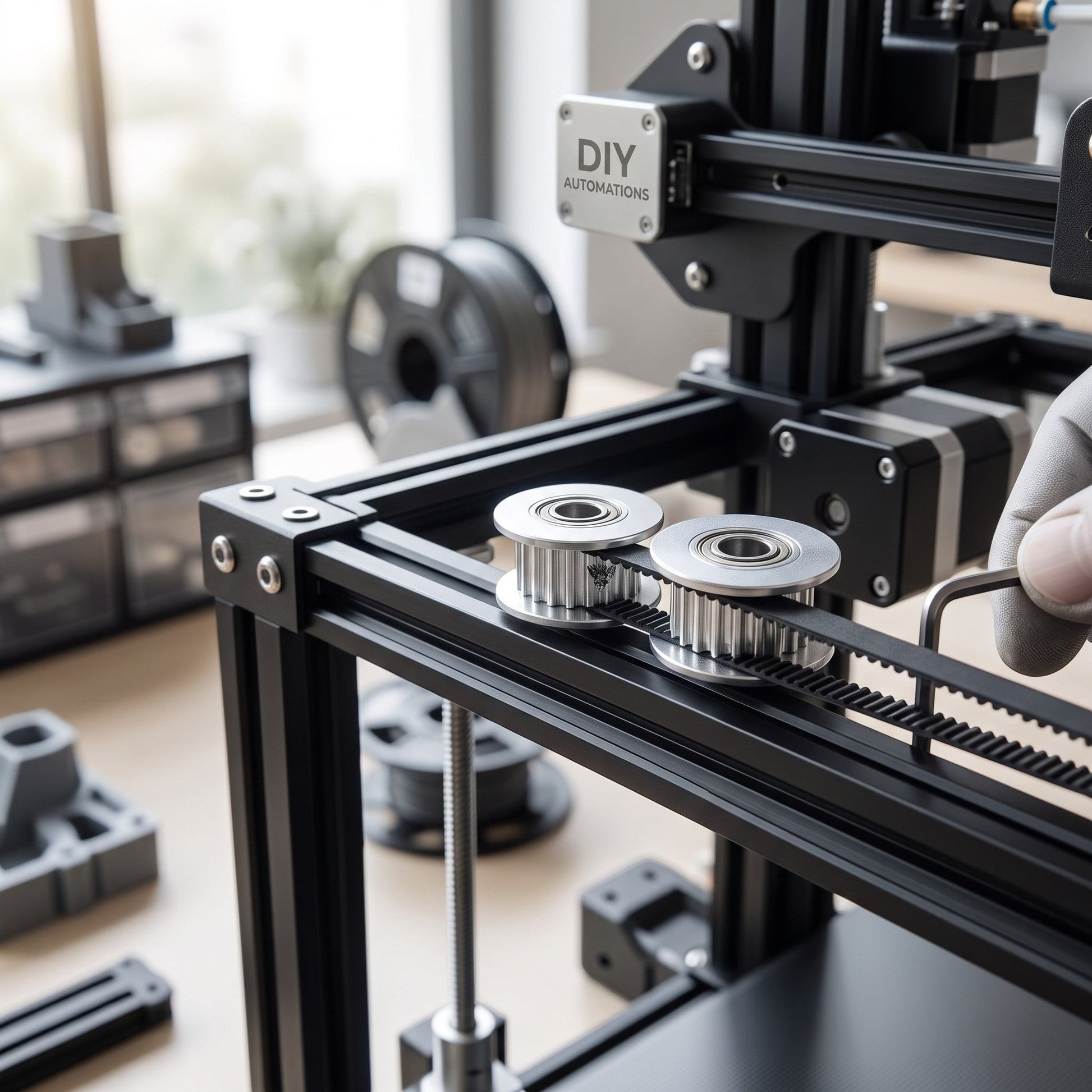 DIY AUTOMATIONS silver 20-tooth GT2 timing pulley with integrated bearing installed on a 3D printer frame