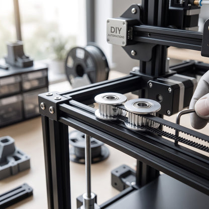 DIY AUTOMATIONS silver 20-tooth GT2 timing pulley with integrated bearing installed on a 3D printer frame