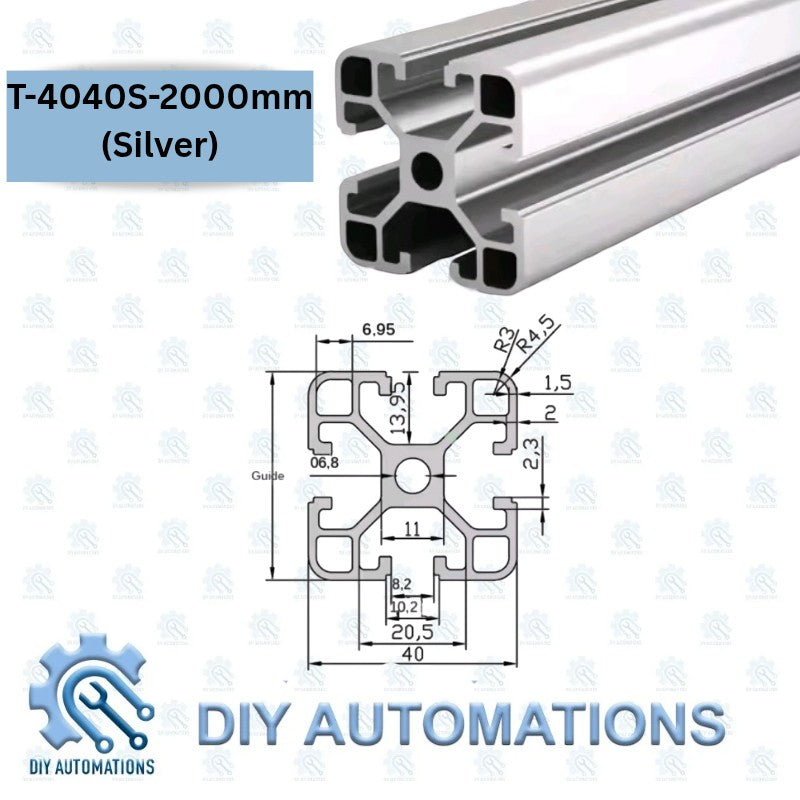 DIY Automations silver T-slot aluminium profile, 40x40mm, 2000mm length, with technical drawing.
