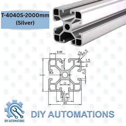 DIY Automations silver T-slot aluminium profile, 40x40mm, 2000mm length, with technical drawing.