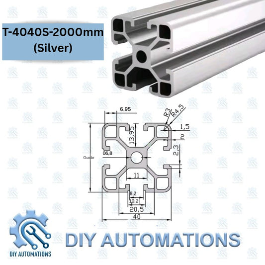 DIY Automations silver T-slot aluminium profile, 40x40mm, 2000mm length, with technical drawing.