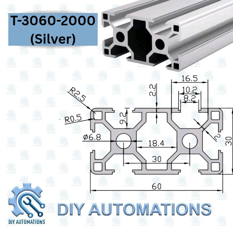 DIY Automations silver T-3060 aluminium T-slot profile, 60mm wide, 30mm high, with detailed technical dimensions.