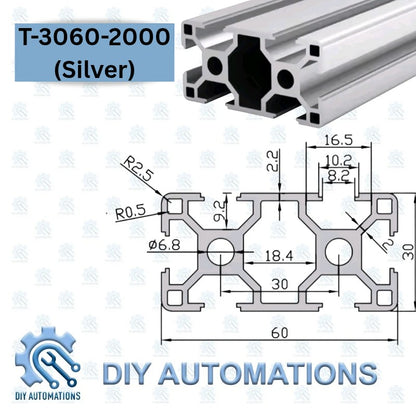 DIY Automations silver T-3060 aluminium T-slot profile, 60mm wide, 30mm high, with detailed technical dimensions.