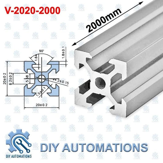 DIY Automations silver V-slot aluminium profile, 2020-2000mm, with detailed technical drawing.