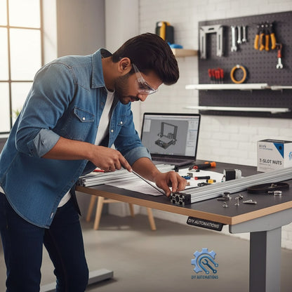 DIY Automations silver aluminium V-slot profile for 3D printers and CNC machines. Man assembling with tools and laptop.