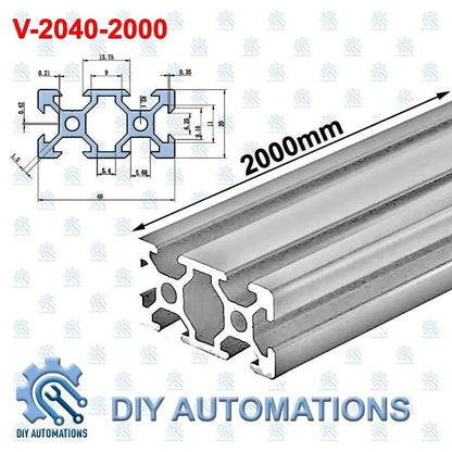 DIY Automations silver aluminium V-slot profile extrusion, 2000mm length, 2040 model, ideal for 3D printers and CNC machines.