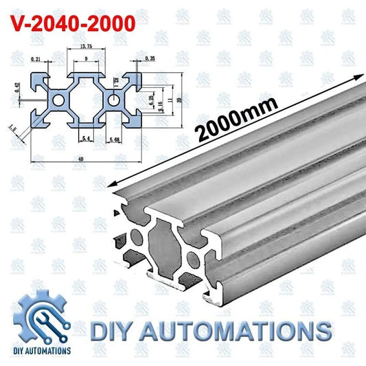 DIY Automations silver aluminium V-slot profile extrusion, 2000mm length, 2040 model, ideal for 3D printers and CNC machines.