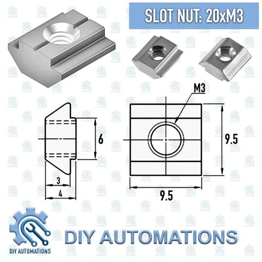 DIY Automations slot nut 20xM3, made of metal, with technical drawings showing dimensions.