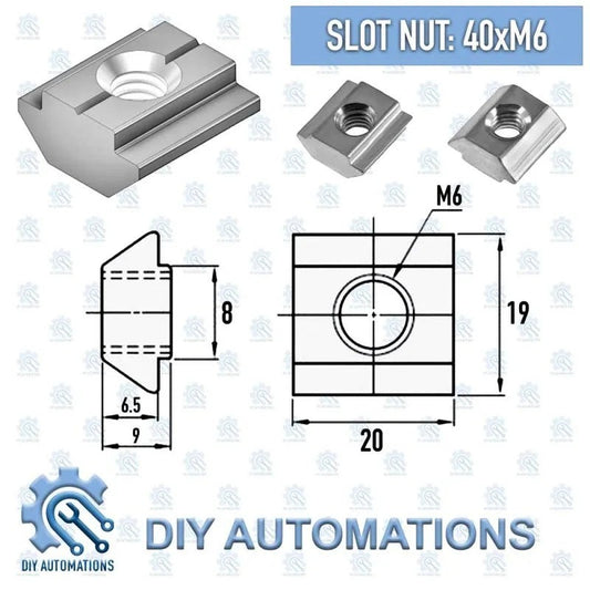 DIY Automations M6 slot nut, T-nut for aluminum extrusions, 40mm length, 8mm height, 19mm width, 20mm base.