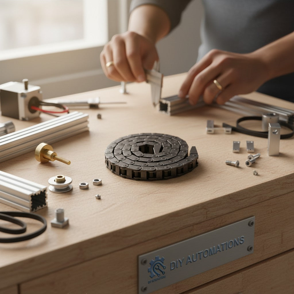 DIY Automations heavy-duty steel drag chain assembly for industrial drive systems. Features robust construction for longevity and reliable power transmission.