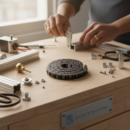 DIY Automations heavy-duty steel drag chain assembly for industrial drive systems. Features robust construction for longevity and reliable power transmission.