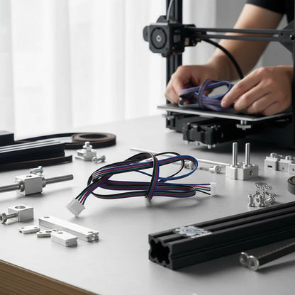 DIY AUTOMATIONS 4-pin stepper motor extension cables with multi-colored wires on a 3D printer assembly workbench.
