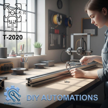 DIY AUTOMATIONS T-2020 black aluminum extrusion profile, 20mm x 20mm, 2000mm length, with T-slot design for frames and automation.