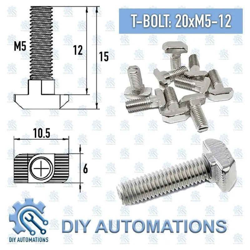 DIY Automations T-Bolt 20xM5-12, M5 thread, 12mm length, T-shaped head for slotting into T-nuts.