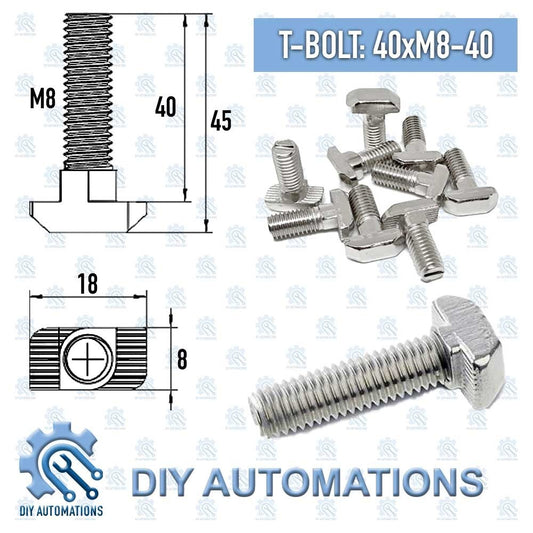 DIY Automations T-Bolt 40xM8-40, M8 thread, 40mm length, 18mm head width, 8mm head height. Stainless steel construction.