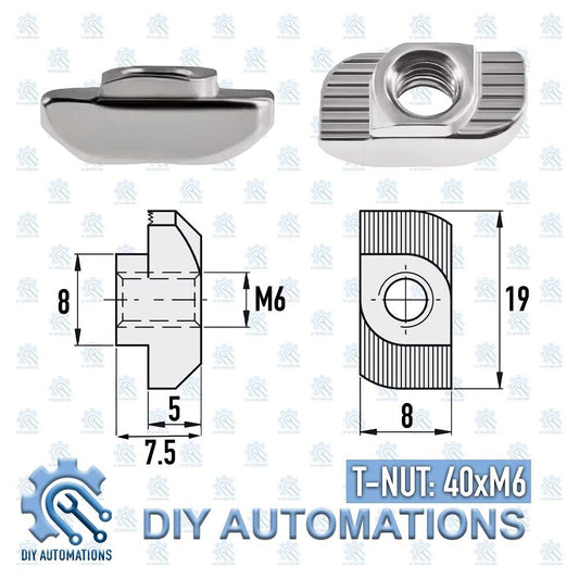 DIY Automations T-Nut 40XM6, a silver metal fastener with M6 threading, featuring ribbed sides and precise dimensions for industrial applications.