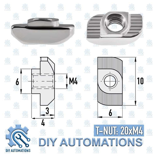 DIY Automations T-Nut 20xM4, M4 thread size, 6mm height, 4mm base width, 10mm head width, 6mm head length. Metal fastener for T-slot extrusions.