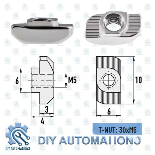 DIY Automations T-Nut 30xM5, silver metal, M5 thread, 10mm height, 6mm width, 4mm base width.