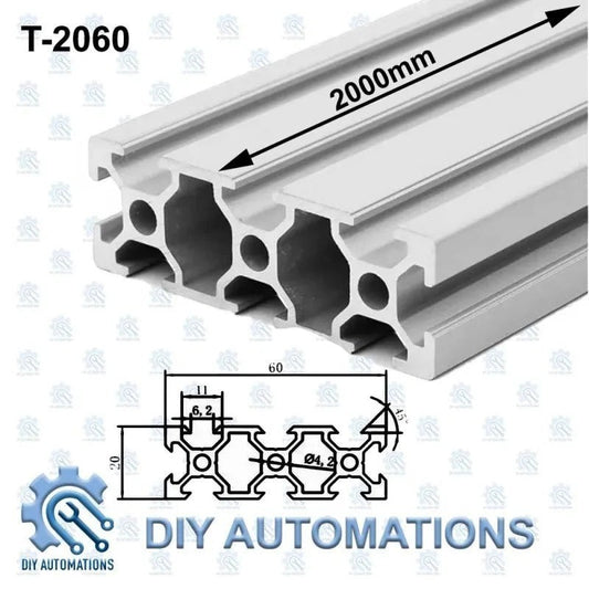 DIY Automations T-2060 silver aluminium T-slot profile, 2000mm length, ideal for automation projects.