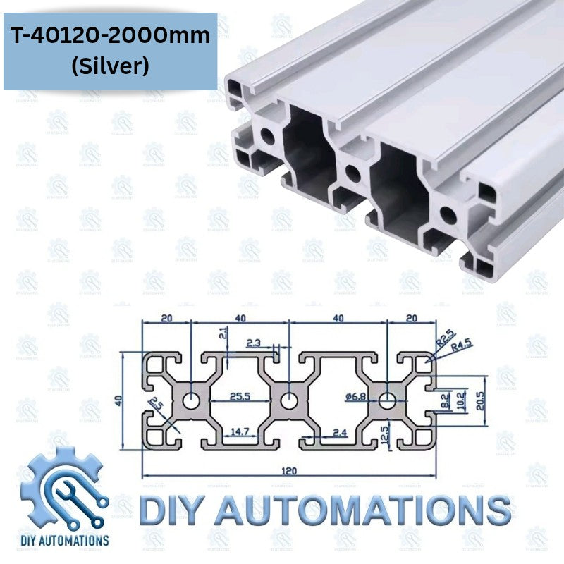 DIY Automations T-40120 silver aluminium T-slot profile with detailed technical drawing showing dimensions.