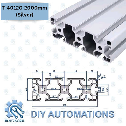 DIY Automations T-40120 silver aluminium T-slot profile with detailed technical drawing showing dimensions.