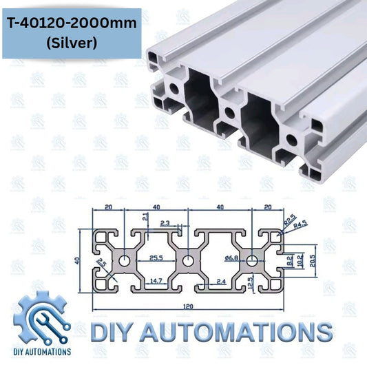 DIY Automations T-40120 silver aluminium T-slot profile with detailed technical drawing showing dimensions.