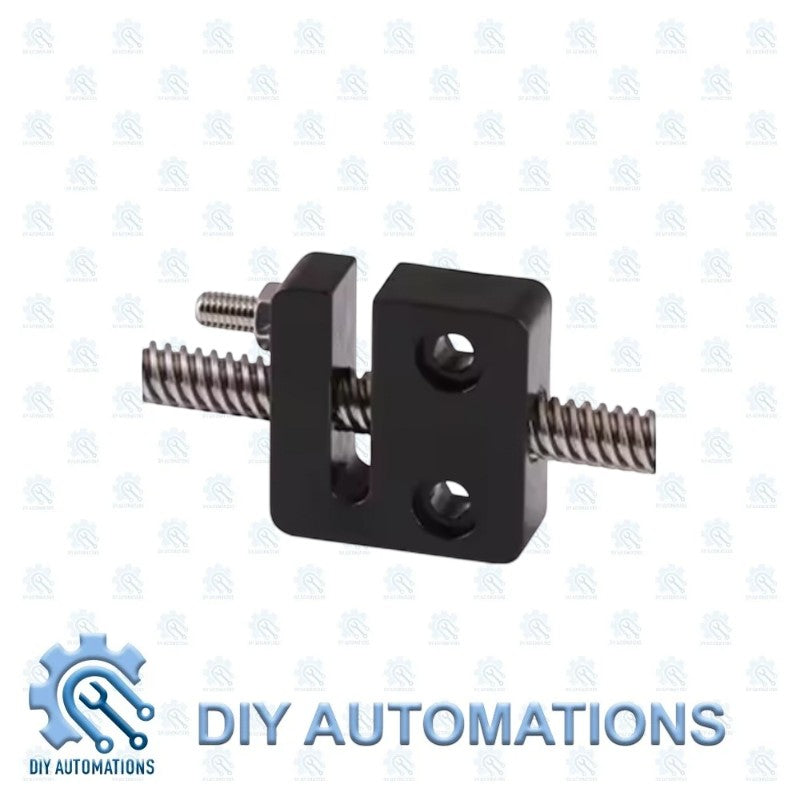 DIY Automations black T8 block with 2mmx8mm lead screw, used for 3D printer extruders.