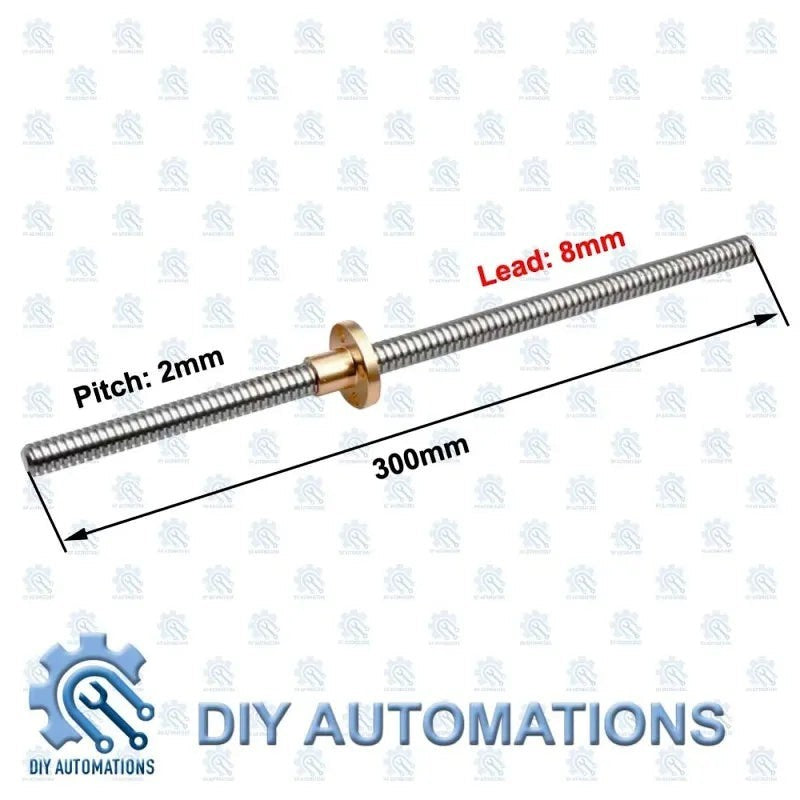 DIY AUTOMATIONS T8 lead screw, 300mm long, 8mm lead, 2mm pitch, with a round brass nut. Metallic silver steel.
