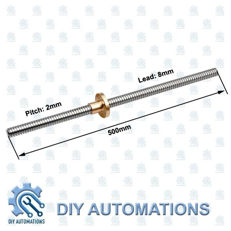 DIY Automations T8 lead screw, 500mm long, 8mm lead, 2mm pitch, with a brass round nut.