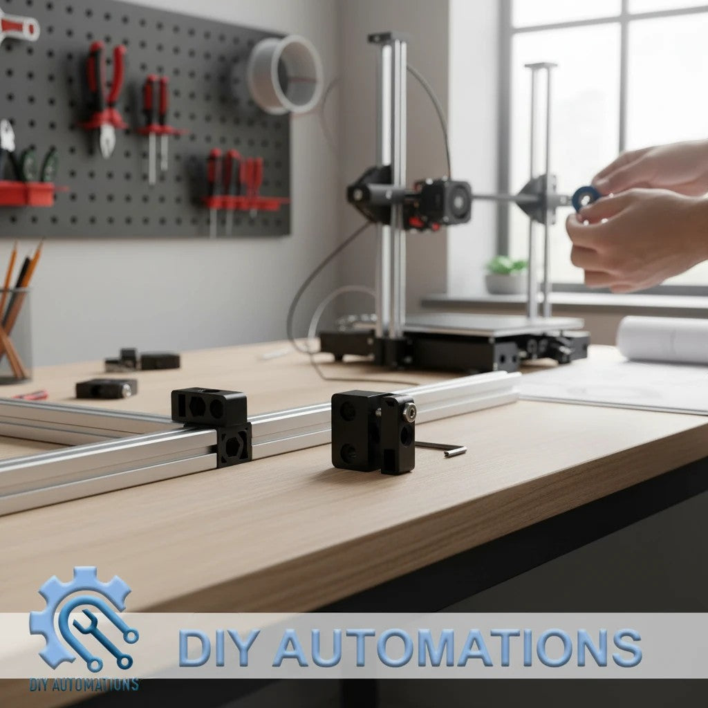 DIY AUTOMATIONS black anodized aluminum T8 lead screw nut mount on a workbench with 3D printer parts