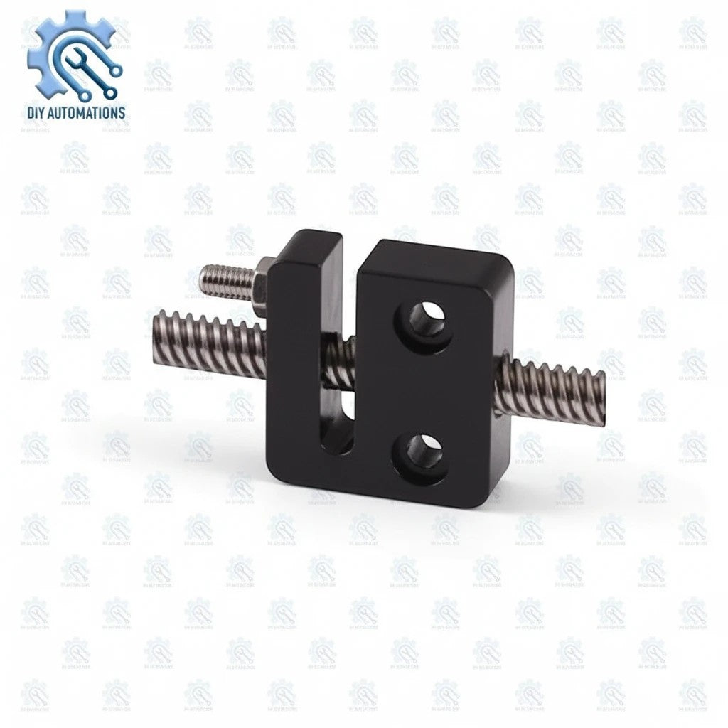 DIY AUTOMATIONS black anodized aluminum T8 adjustable lead screw nut mount for 3D printers and CNC machines.